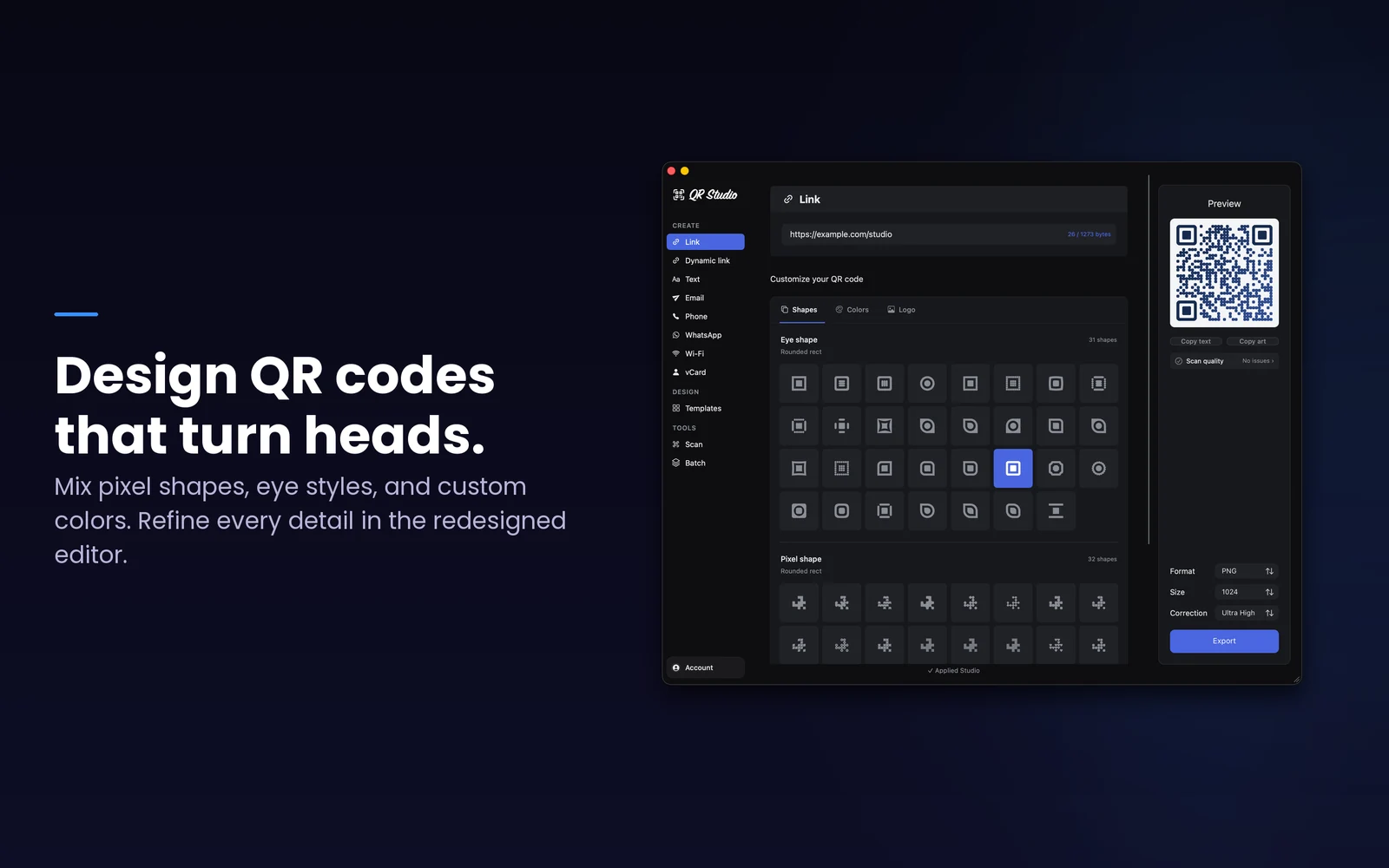 The QR Studio editor with shape controls and a styled QR preview