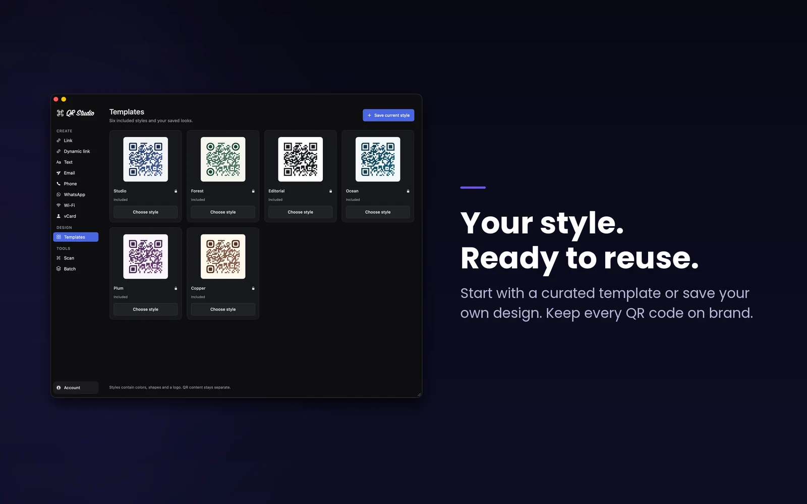 Six reusable QR Studio template designs