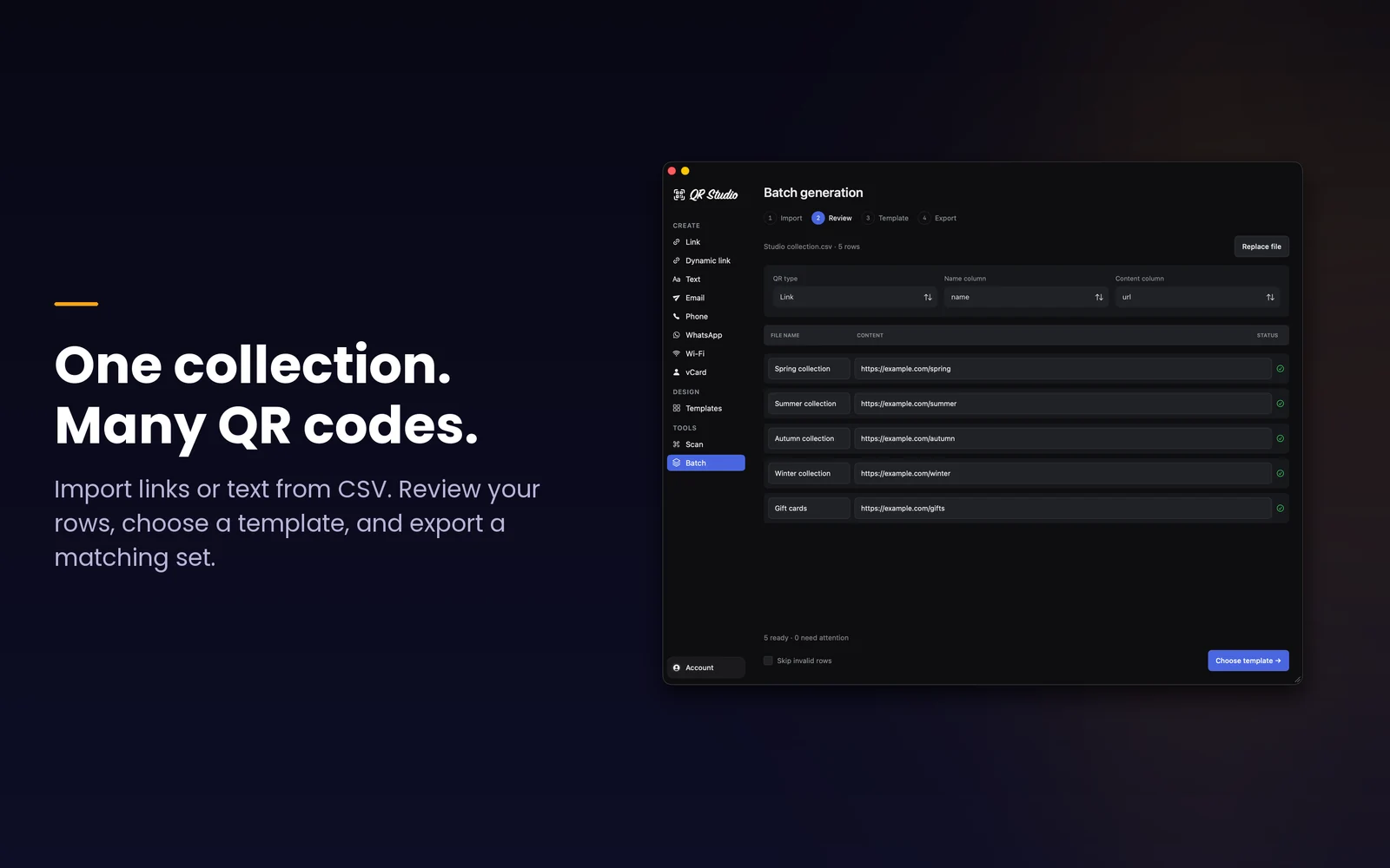 CSV review and QR batch creation in QR Studio
