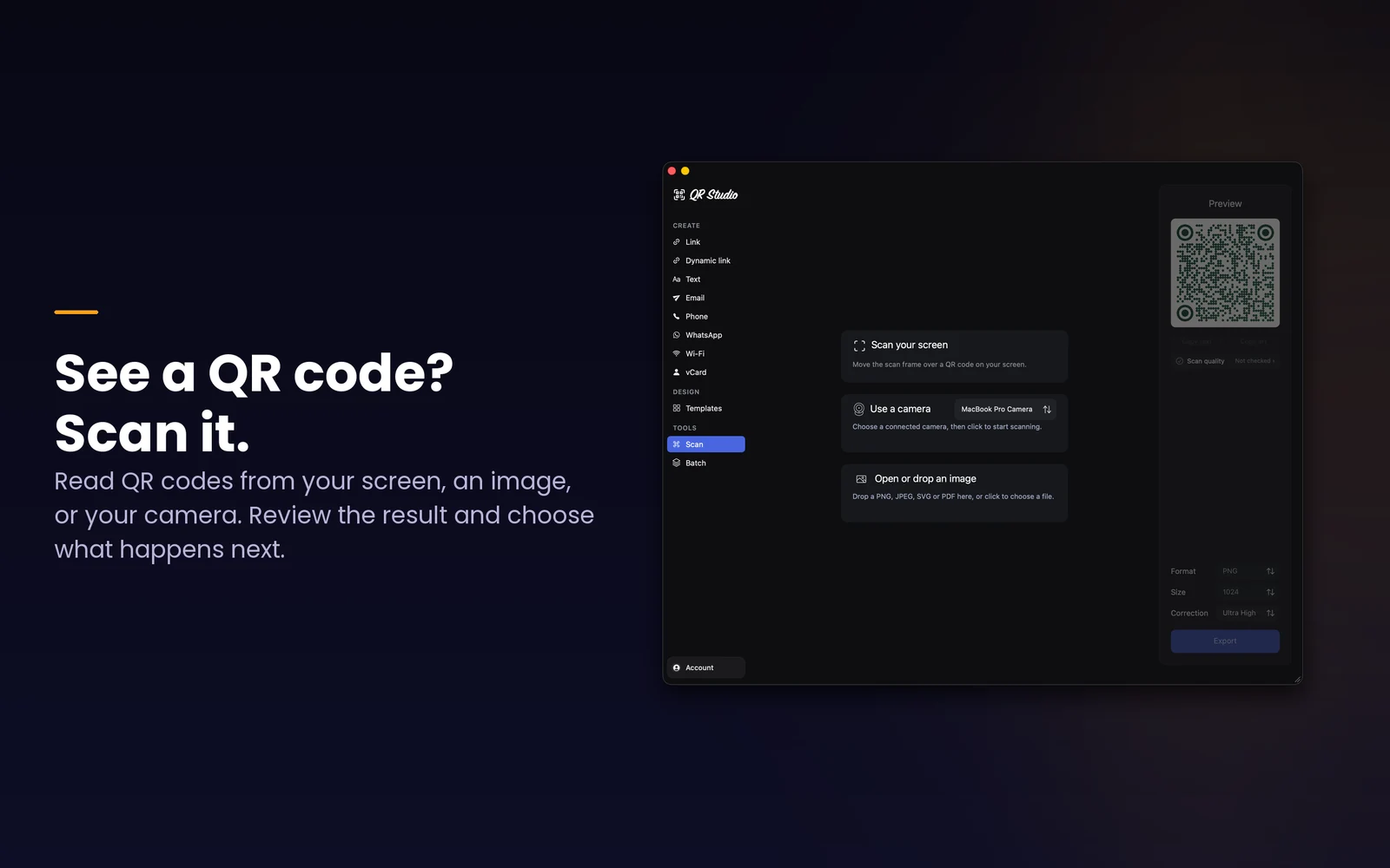 Screen, image and camera scanning options in QR Studio