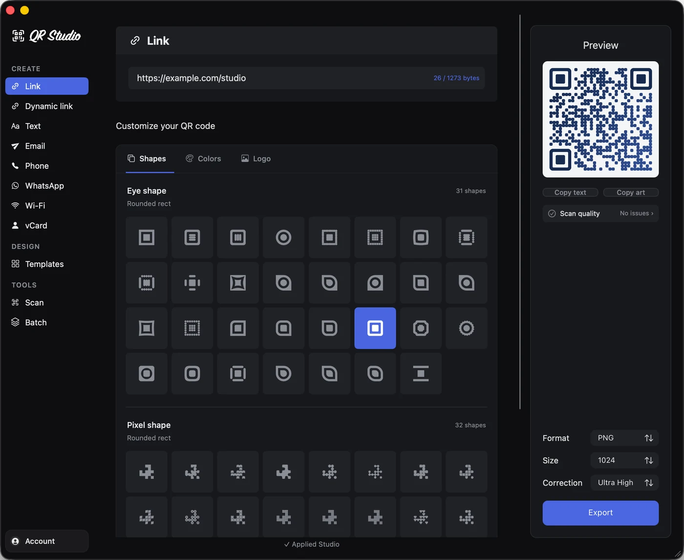 QR Studio's actual editor with QR eye and pixel shape controls