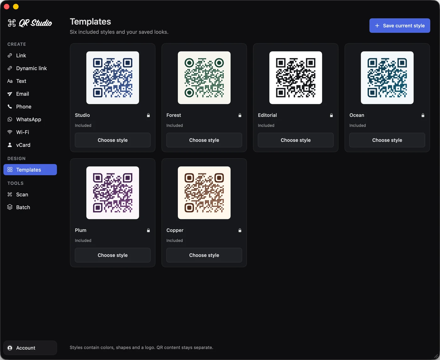 Six built-in QR Studio templates in the actual app